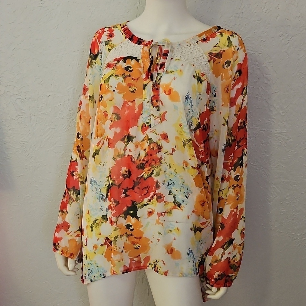 SML SPORT Floral Semi-sheer Oversized Keyhole Bow Chiffon Top XL - Picture 3 of 7